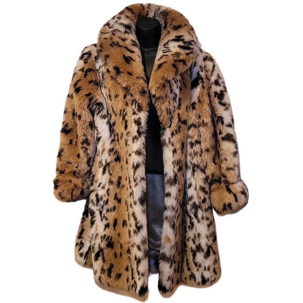 Pamela McCoy Faux Fur Leopard Print Pea Coat in Tan, Black, Cream - Picture 2 of 11